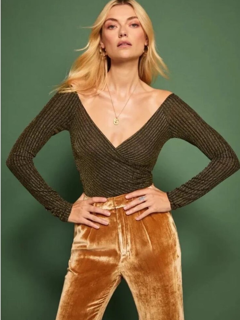 REFORMATION Manhattan Black Gold Metallic Striped Long Sleeve Wrap Top